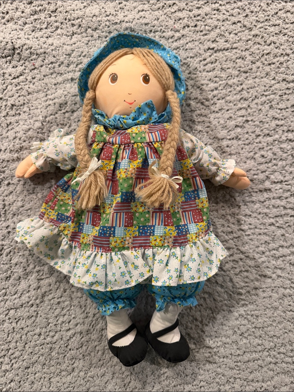 Blue Patchwork Rag Doll with Braided Hair - Charming Plush Toy